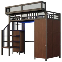 Lit mezzanine en métal 90x200cm avec armoire - échelle de sécurité - avec LED - barrières de sécurité - noir (sans matelas)><noscript><img width=