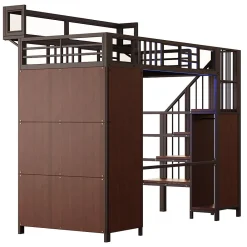 Lit mezzanine en métal 90x200cm avec armoire - échelle de sécurité - avec LED - barrières de sécurité - noir (sans matelas)><noscript><img width=