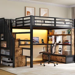 Lit mezzanine en métal 140x200cm avec LED - avec bureau et étagères - 2 tiroirs et escalier de rangement - Noir(sans matelas)>ModernLuxe New