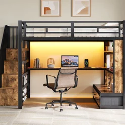 Lit mezzanine en métal 140x200cm avec LED - avec bureau et étagères - 2 tiroirs et escalier de rangement - Noir(sans matelas)><noscript><img width=