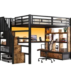 Lit mezzanine en métal 140x200cm avec LED - avec bureau et étagères - 2 tiroirs et escalier de rangement - Noir(sans matelas)><noscript><img width=