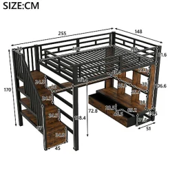 Lit mezzanine en métal 140x200cm avec LED - avec bureau et étagères - 2 tiroirs et escalier de rangement - Noir(sans matelas)><noscript><img width=