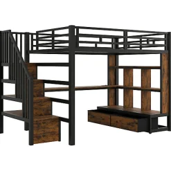 Lit mezzanine en métal 140x200cm avec LED - avec bureau et étagères - 2 tiroirs et escalier de rangement - Noir(sans matelas)><noscript><img width=