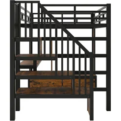 Lit mezzanine en métal 140x200cm avec LED - avec bureau et étagères - 2 tiroirs et escalier de rangement - Noir(sans matelas)><noscript><img width=
