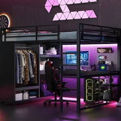 Lit mezzanine en métal 160x200cm avec LED - Bureau et compartiments de rangement - Armoire ouverte - Noir (sans matelas)>ModernLuxe New