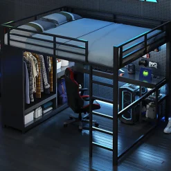 Lit mezzanine en métal 160x200cm avec LED - Bureau et compartiments de rangement - Armoire ouverte - Noir (sans matelas)>ModernLuxe New