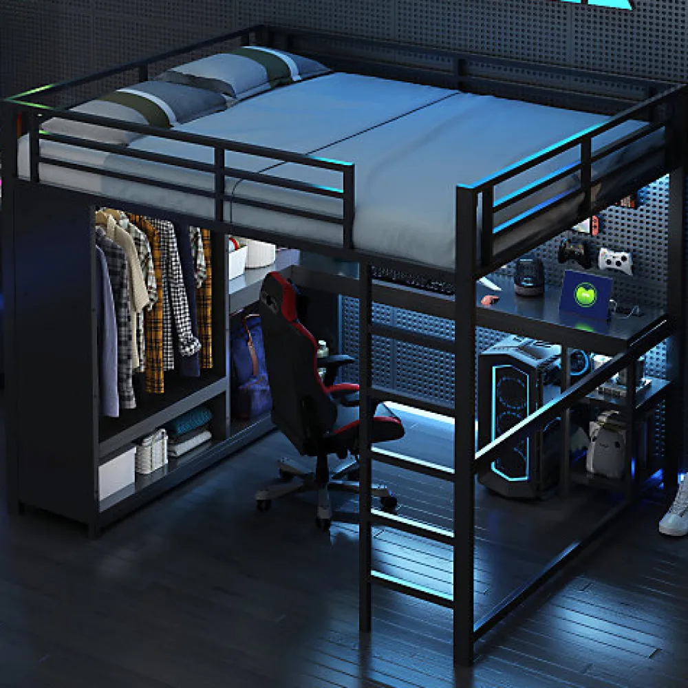 Lit mezzanine en métal 160x200cm avec LED - Bureau et compartiments de rangement - Armoire ouverte - Noir (sans matelas)>ModernLuxe New