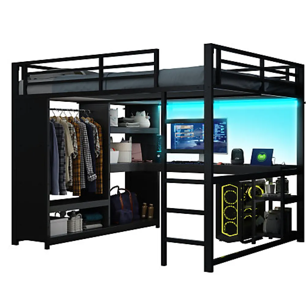 Lit mezzanine en métal 160x200cm avec LED - Bureau et compartiments de rangement - Armoire ouverte - Noir (sans matelas)>ModernLuxe New