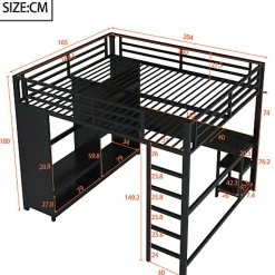 Lit mezzanine en métal 160x200cm avec LED - Bureau et compartiments de rangement - Armoire ouverte - Noir (sans matelas)><noscript><img width=
