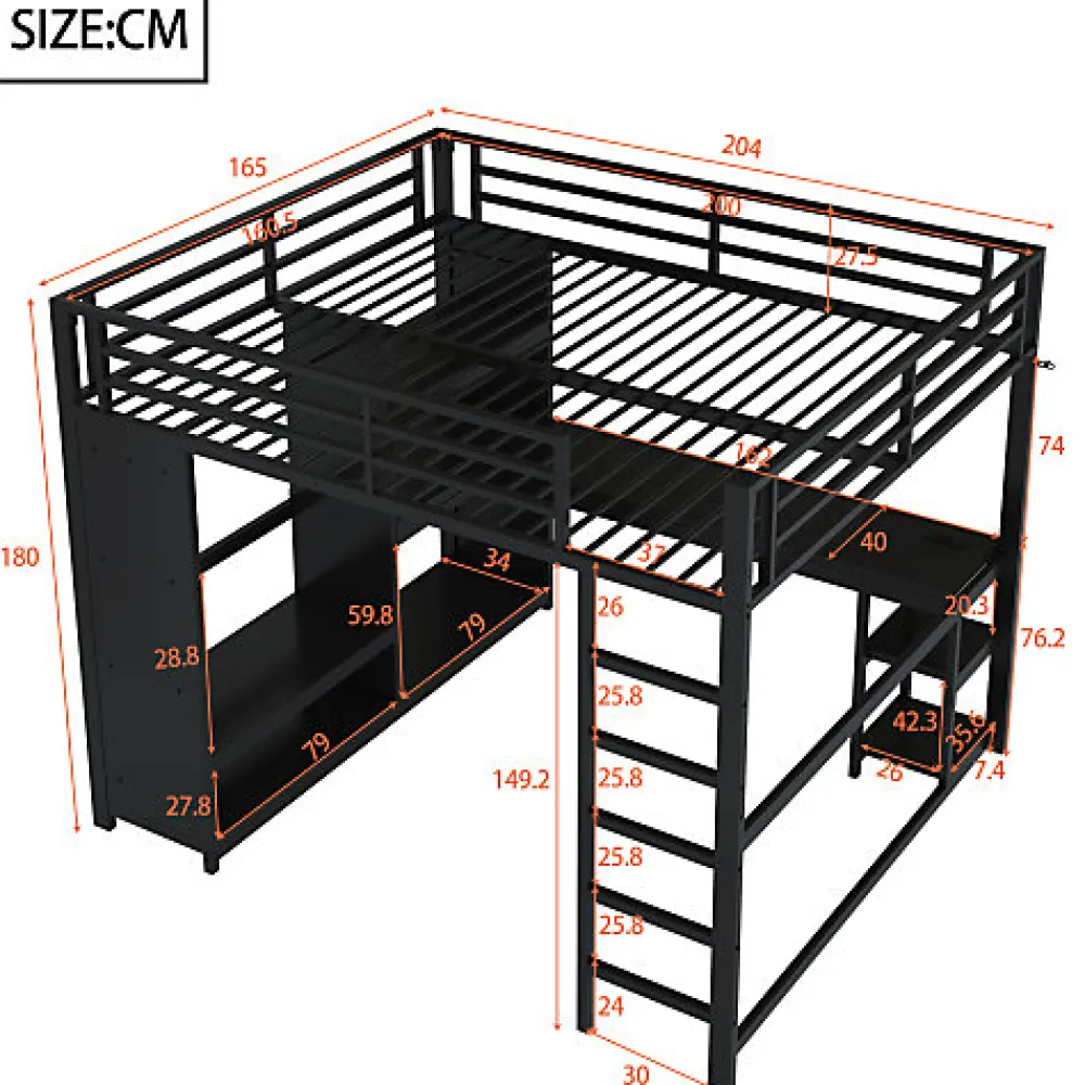 Lit mezzanine en métal 160x200cm avec LED - Bureau et compartiments de rangement - Armoire ouverte - Noir (sans matelas)>ModernLuxe New