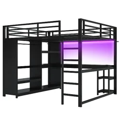 Lit mezzanine en métal 160x200cm avec LED - Bureau et compartiments de rangement - Armoire ouverte - Noir (sans matelas)><noscript><img width=