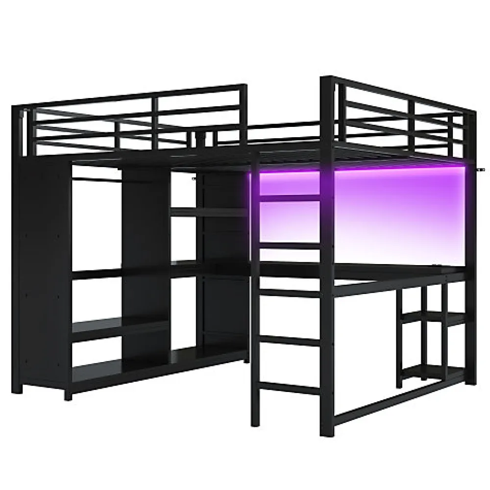 Lit mezzanine en métal 160x200cm avec LED - Bureau et compartiments de rangement - Armoire ouverte - Noir (sans matelas)>ModernLuxe New