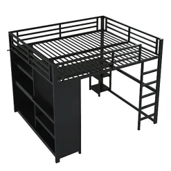 Lit mezzanine en métal 160x200cm avec LED - Bureau et compartiments de rangement - Armoire ouverte - Noir (sans matelas)><noscript><img width=