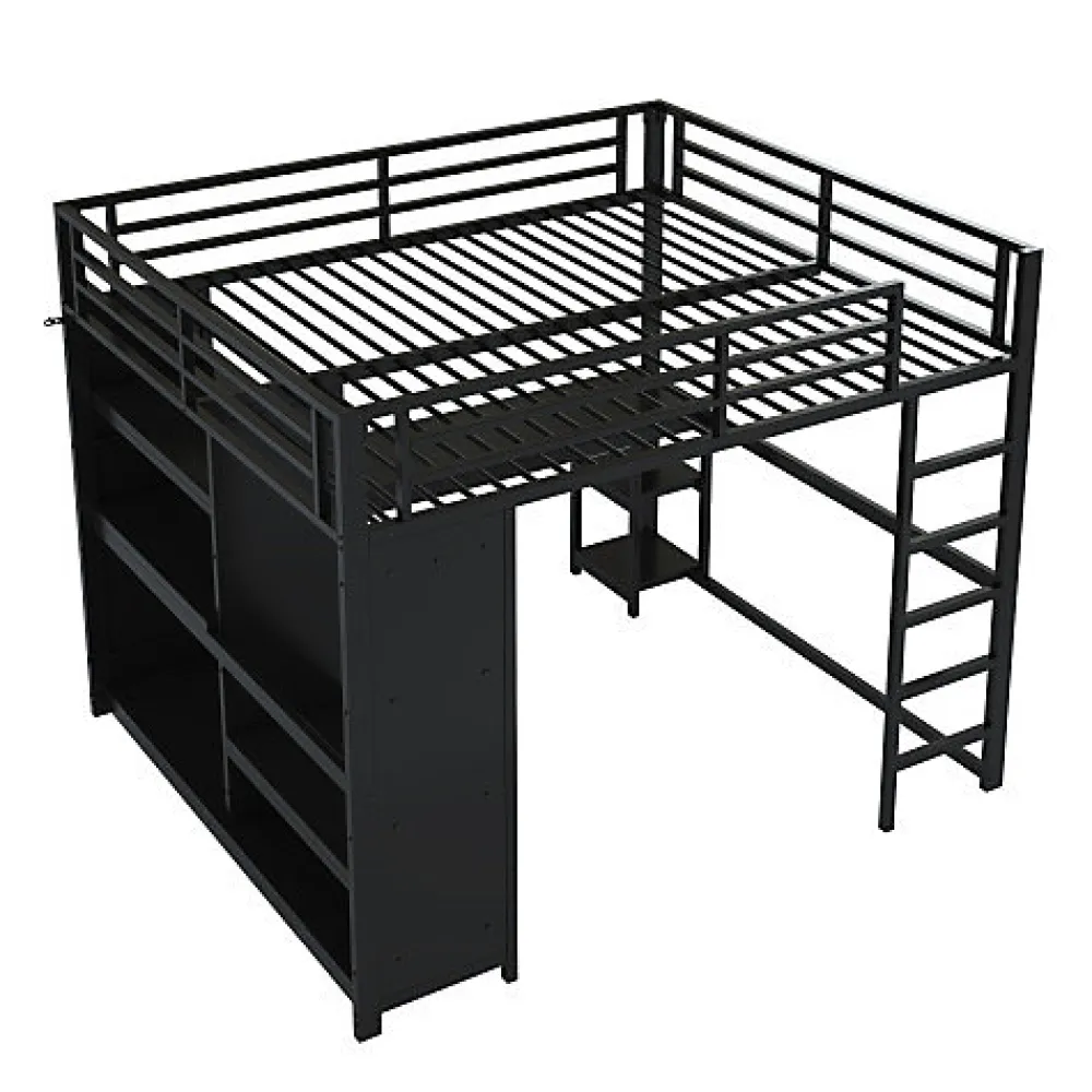 Lit mezzanine en métal 160x200cm avec LED - Bureau et compartiments de rangement - Armoire ouverte - Noir (sans matelas)>ModernLuxe New