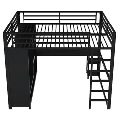 Lit mezzanine en métal 160x200cm avec LED - Bureau et compartiments de rangement - Armoire ouverte - Noir (sans matelas)><noscript><img width=