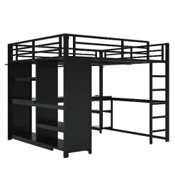 Lit mezzanine en métal 160x200cm avec LED - Bureau et compartiments de rangement - Armoire ouverte - Noir (sans matelas)><noscript><img width=