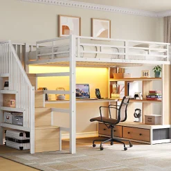 Lit mezzanine en métal 140x200cm avec LED - avec bureau et étagères - 2 tiroirs et escalier de rangement - Blanc (sans matelas)>ModernLuxe New
