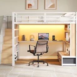 Lit mezzanine en métal 140x200cm avec LED - avec bureau et étagères - 2 tiroirs et escalier de rangement - Blanc (sans matelas)>ModernLuxe New