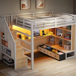 Lit mezzanine en métal 140x200cm avec LED - avec bureau et étagères - 2 tiroirs et escalier de rangement - Blanc (sans matelas)><noscript><img width=