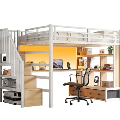 Lit mezzanine en métal 140x200cm avec LED - avec bureau et étagères - 2 tiroirs et escalier de rangement - Blanc (sans matelas)><noscript><img width=