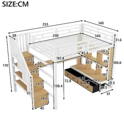 Lit mezzanine en métal 140x200cm avec LED - avec bureau et étagères - 2 tiroirs et escalier de rangement - Blanc (sans matelas)><noscript><img width=
