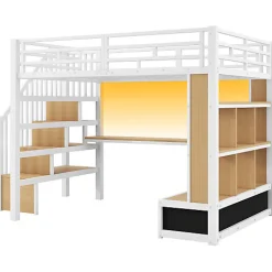 Lit mezzanine en métal 140x200cm avec LED - avec bureau et étagères - 2 tiroirs et escalier de rangement - Blanc (sans matelas)><noscript><img width=