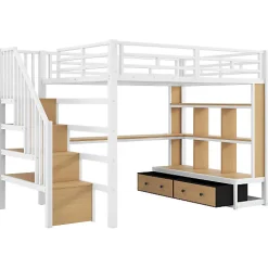 Lit mezzanine en métal 140x200cm avec LED - avec bureau et étagères - 2 tiroirs et escalier de rangement - Blanc (sans matelas)><noscript><img width=