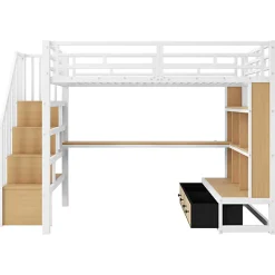 Lit mezzanine en métal 140x200cm avec LED - avec bureau et étagères - 2 tiroirs et escalier de rangement - Blanc (sans matelas)><noscript><img width=