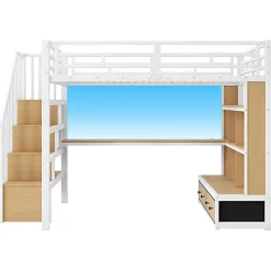 Lit mezzanine en métal 140x200cm avec LED - avec bureau et étagères - 2 tiroirs et escalier de rangement - Blanc (sans matelas)><noscript><img width=