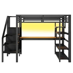 ModernLuxe Lit mezzanine en métal 140x200mm avec armoire ouverte et bureau - LED et port USB - Avec échelle de rangement et étagères - Noir* Lit Mezzanine