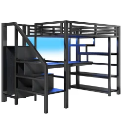 ModernLuxe Lit mezzanine en métal 140x200mm avec armoire ouverte et bureau - LED et port USB - Avec échelle de rangement et étagères - Noir* Lit Mezzanine