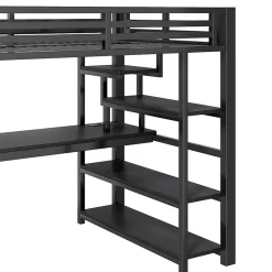 ModernLuxe Lit mezzanine en métal 140x200mm avec armoire ouverte et bureau - LED et port USB - Avec échelle de rangement et étagères - Noir* Lit Mezzanine