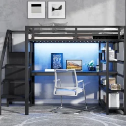 ModernLuxe Lit mezzanine en métal 140x200mm avec armoire ouverte et bureau - LED et port USB - Avec échelle de rangement et étagères - Noir* Lit Mezzanine