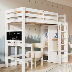 Lit Mezzanine Enfant Simple 90x200 cm - Bureau, Armoire Ouverte et Étagères, Barrières de Sécurité - sans Matelas - Blanc>Okwish Discount