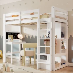 Lit Mezzanine Enfant Simple 90x200 cm - Bureau, Armoire Ouverte et Étagères, Barrières de Sécurité - sans Matelas - Blanc><noscript><img width=