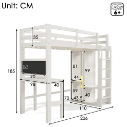 Lit Mezzanine Enfant Simple 90x200 cm - Bureau, Armoire Ouverte et Étagères, Barrières de Sécurité - sans Matelas - Blanc><noscript><img width=
