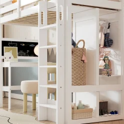 Lit Mezzanine Enfant Simple 90x200 cm - Bureau, Armoire Ouverte et Étagères, Barrières de Sécurité - sans Matelas - Blanc><noscript><img width=