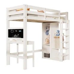 Lit Mezzanine Enfant Simple 90x200 cm - Bureau, Armoire Ouverte et Étagères, Barrières de Sécurité - sans Matelas - Blanc><noscript><img width=