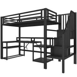 Okwish Lit Mezzanine Enfant 90x200 cm Avec Bureau, LED, Escalier de Rangement, Garde-Corps et Ports USB, Sans Matelas, Métal + MDF, Noir* Lit Simple