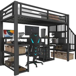 Okwish Lit Mezzanine Enfant 90x200 cm Avec Bureau, LED, Escalier de Rangement, Garde-Corps et Ports USB, Sans Matelas, Métal + MDF, Noir* Lit Simple