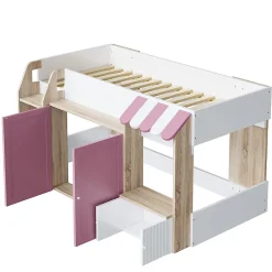 Okwish Lit Mezzanine enfant 90x200 cm avec Échelle et Rangement Ouvert - Bois Massif Naturel et Rose, Sans Matelas* Lit Mezzanine