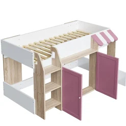 Okwish Lit Mezzanine enfant 90x200 cm avec Échelle et Rangement Ouvert - Bois Massif Naturel et Rose, Sans Matelas* Lit Mezzanine