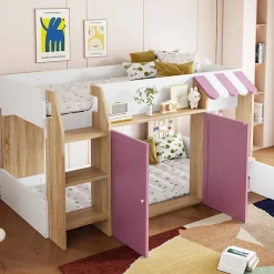 Okwish Lit Mezzanine enfant 90x200 cm avec Échelle et Rangement Ouvert - Bois Massif Naturel et Rose, Sans Matelas* Lit Mezzanine