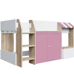 Okwish Lit Mezzanine enfant 90x200 cm avec Échelle et Rangement Ouvert - Bois Massif Naturel et Rose, Sans Matelas* Lit Mezzanine