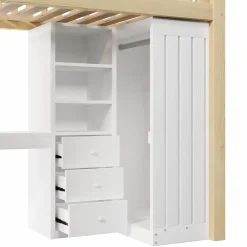Okwish Lit Mezzanine Enfant 90x200 cm - avec Bureau Intégré, Armoire et 3 Tiroirs, Échelle et Garde-Corps, Bois Naturel - sans Matelas* Lit Mezzanine