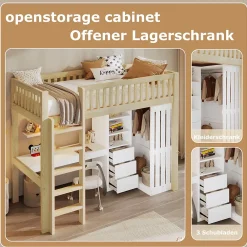 Okwish Lit Mezzanine Enfant 90x200 cm - avec Bureau Intégré, Armoire et 3 Tiroirs, Échelle et Garde-Corps, Bois Naturel - sans Matelas* Lit Mezzanine