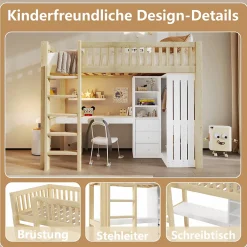 Okwish Lit Mezzanine Enfant 90x200 cm - avec Bureau Intégré, Armoire et 3 Tiroirs, Échelle et Garde-Corps, Bois Naturel - sans Matelas* Lit Mezzanine