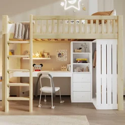 Okwish Lit Mezzanine Enfant 90x200 cm - avec Bureau Intégré, Armoire et 3 Tiroirs, Échelle et Garde-Corps, Bois Naturel - sans Matelas* Lit Mezzanine