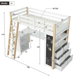 Okwish Lit Mezzanine enfant 90x200 cm - avec Bureau et Grand Tiroir de Rangement - Sans Matelas - Bois Massif et MDF, Blanc et Naturel* Lit Mezzanine