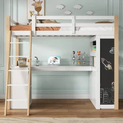 Okwish Lit Mezzanine enfant 90x200 cm - avec Bureau et Grand Tiroir de Rangement - Sans Matelas - Bois Massif et MDF, Blanc et Naturel* Lit Mezzanine